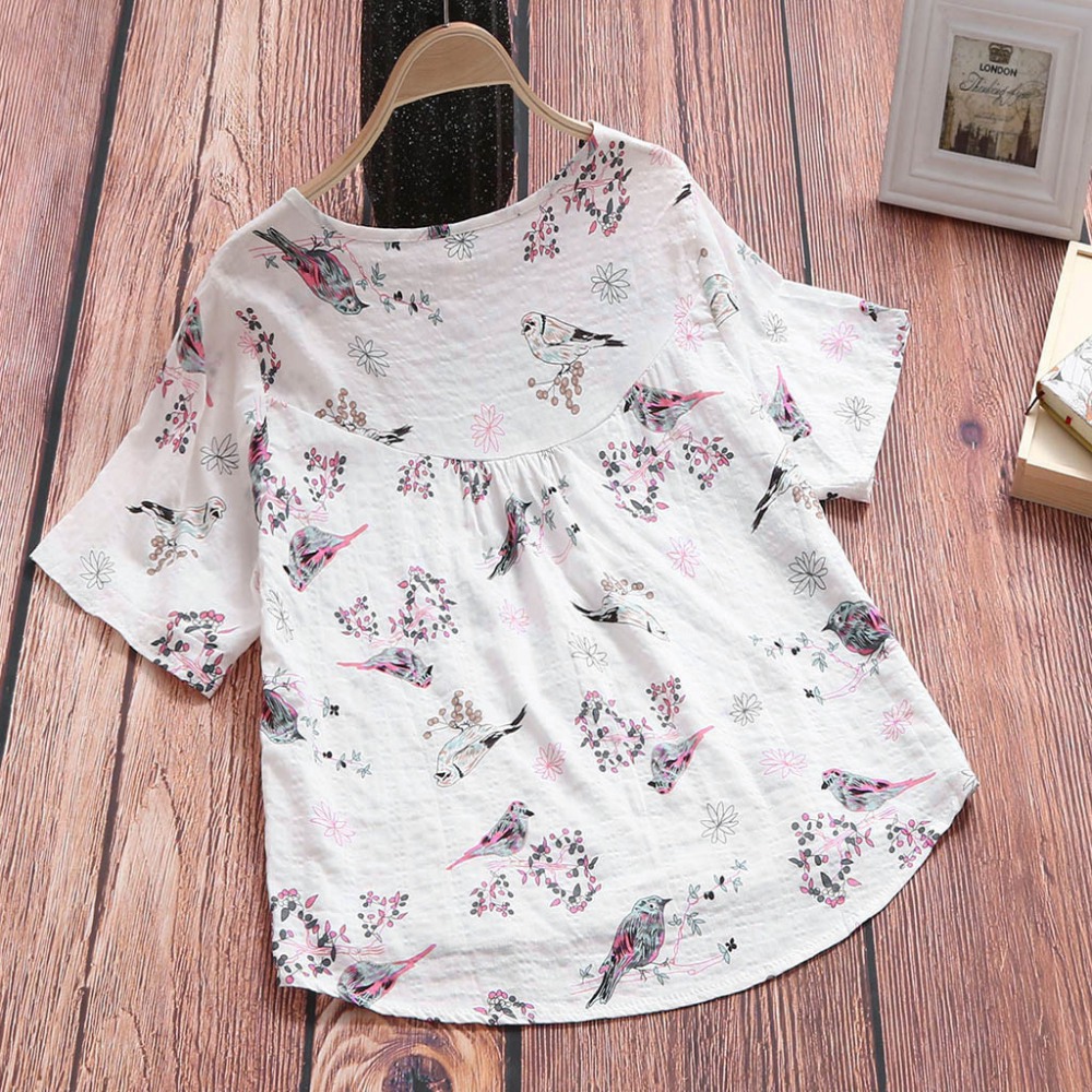 Retro Cotton and Linen Printed Short-Sleeved Casual Loose T-Shirt Women